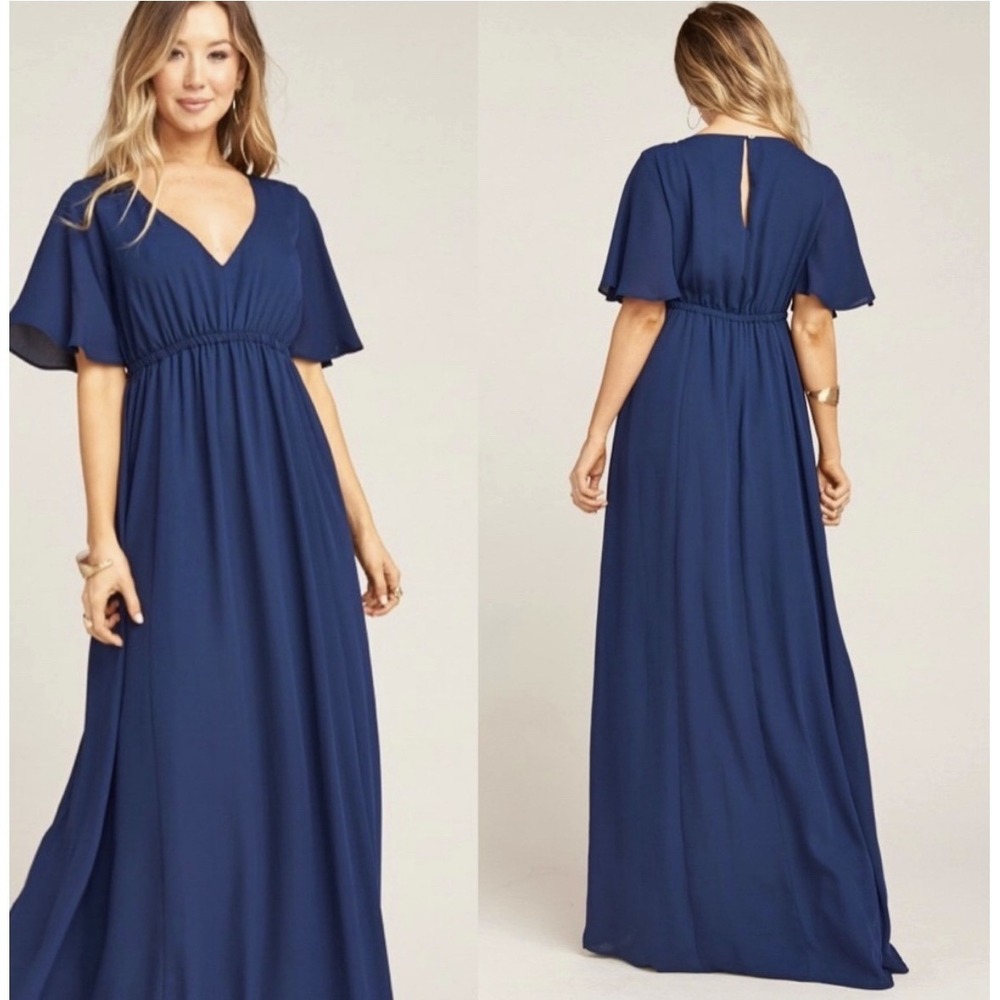 Show Me Your Mumu Emily Empire‎ Maxi Dress Navy Flutter Sleeve Gown